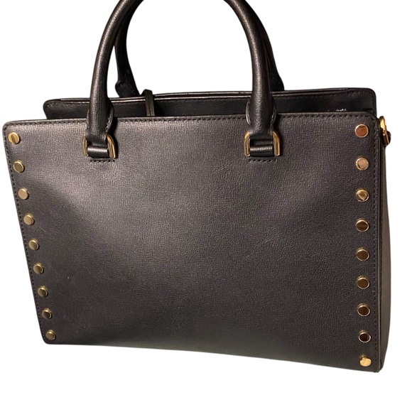 Michael Kors Gold Studded Saffiano Leather Kellen Satchel Bag. Black. Pristine - Picture 7 of 16